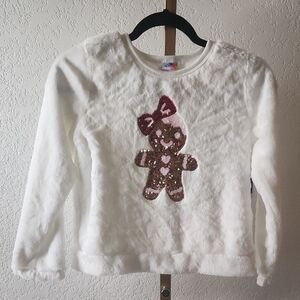 btween Fuzzy White Sweater with Gingerbread and Pink Bow